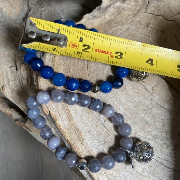 💙Set/2 Beaded Gem Stone Stretch Bracelets Blue/Grey - Picture 6 of 8